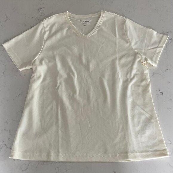 L.L. Bean Casual SS V Neck 100% Cotton Neutral T Shirt Top Cream Sz M NWOT - Picture 10 of 10